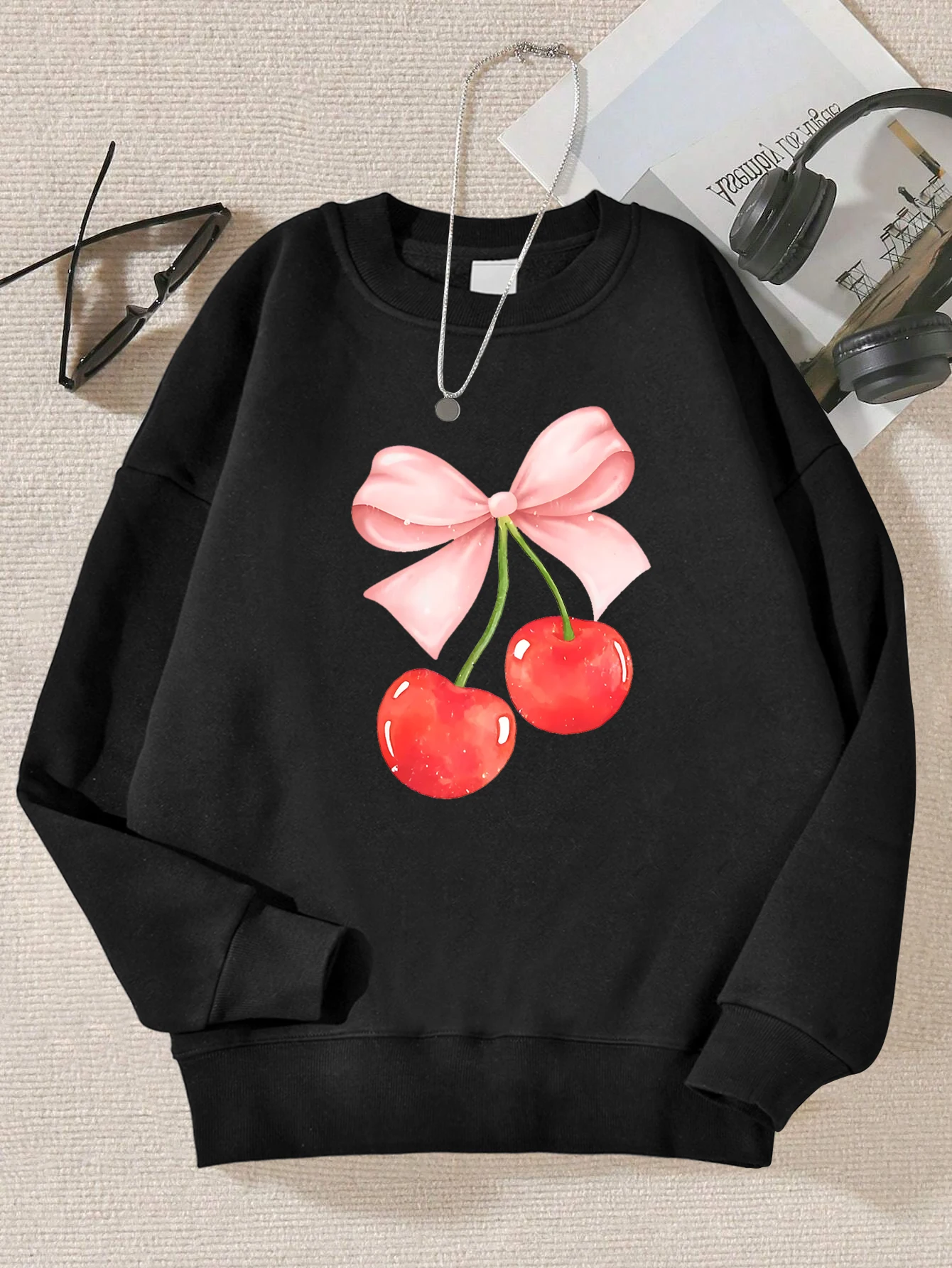 Pink Bow Cherry Design  Printing Sweatshirt Women Harajuku Casual Pullovers Fashion Hip Hop Hoody Autumn Fur-Liner Woman Clothes