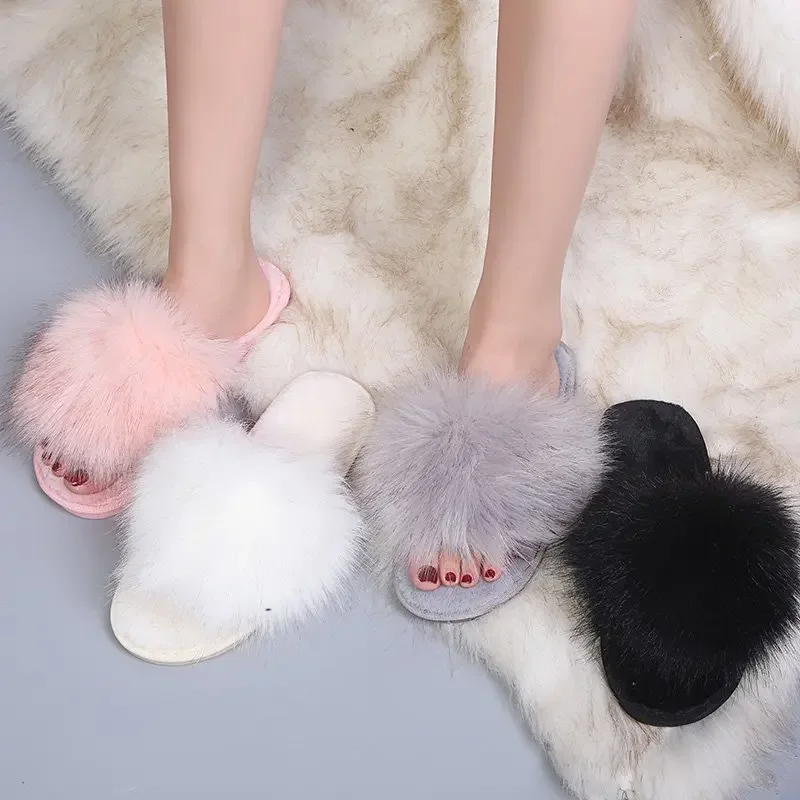 Thick Fluffy Fur Slippers Women 2024 New Winter House Warm Furry Slippers Women Flip Flops Home Slides Flat Indoor Floor Shoes