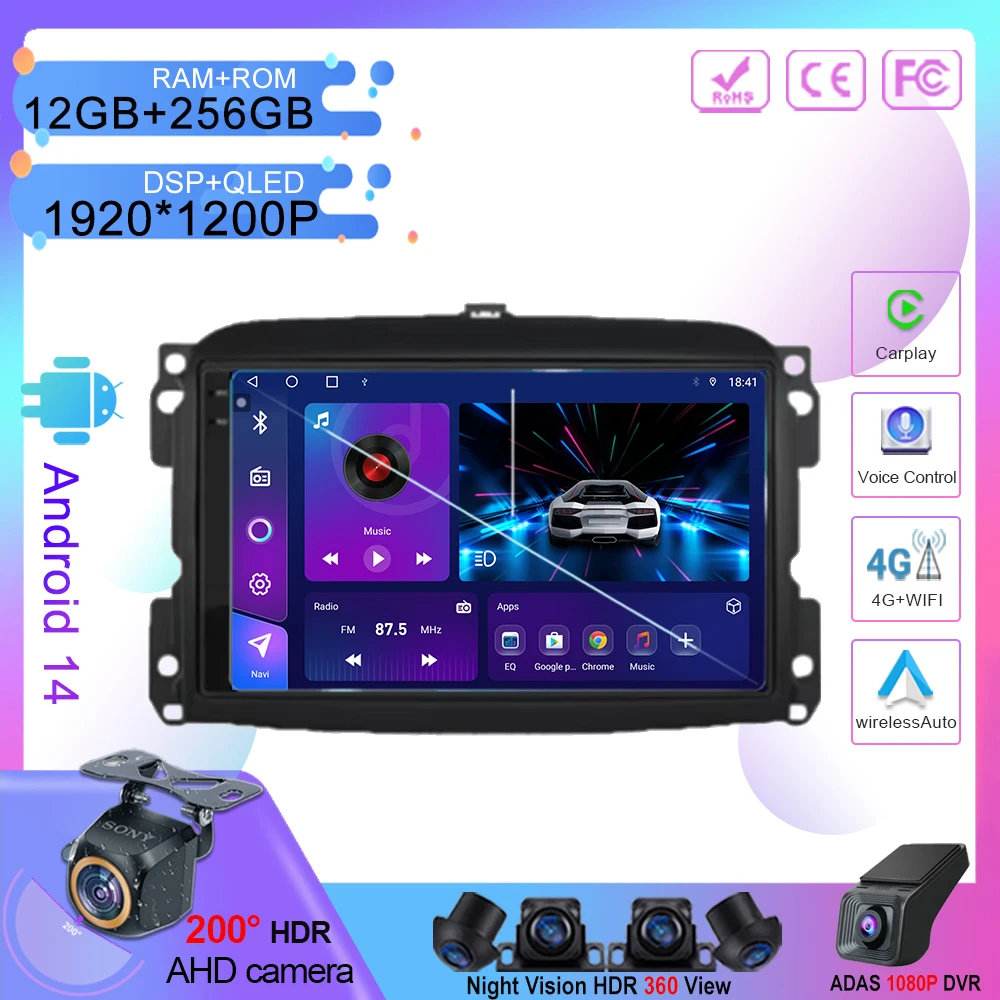 wireless Carplay Android 14 For Fiat 500L Egea Doblo 2012-2017 Auto Radio Multimedia Video Player GPS Navigation NO 2din DVD 4G