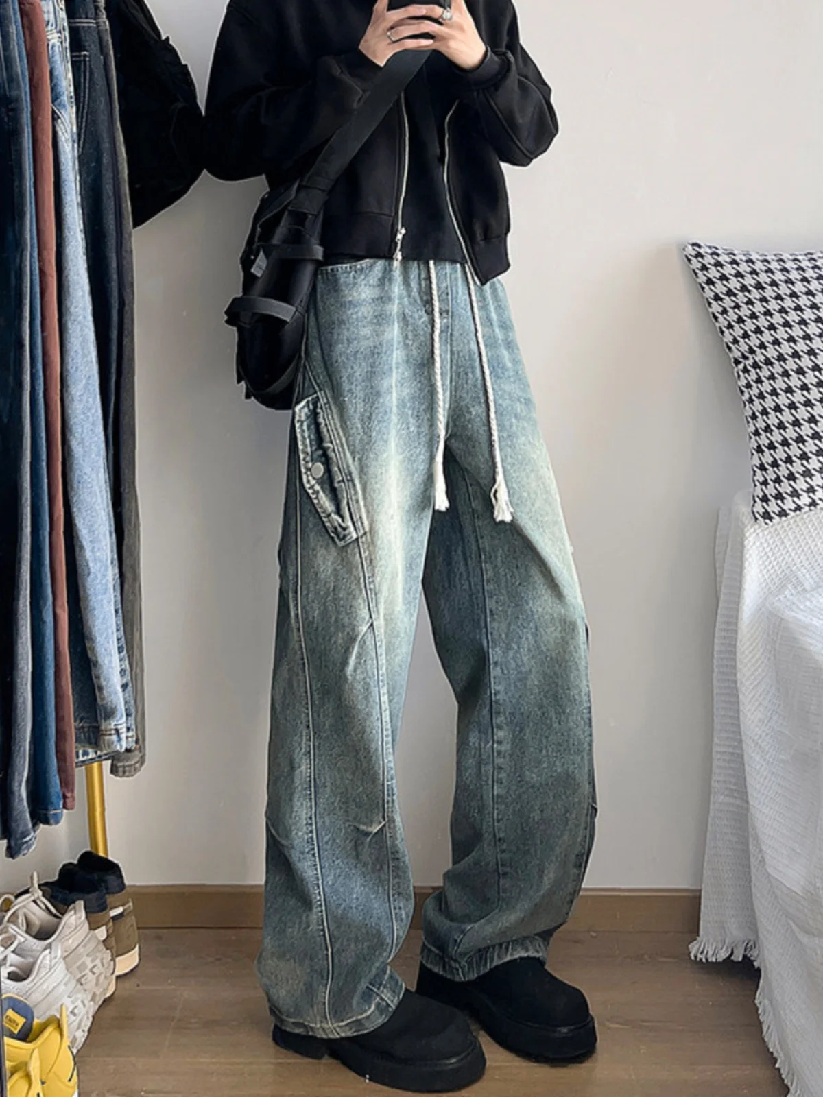 

Light Blue American Paratrooper Workwear Jeans Men's Autumn Crease Casual Loose Wide Leg Straight Long Pants