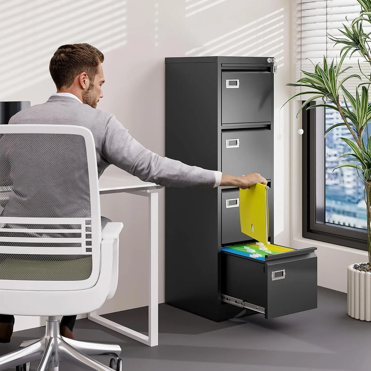 4 Drawer Metal Vertical File Cabinet with Lock for A4 Legal Letter Size Narrow Office Home Storage, Customized