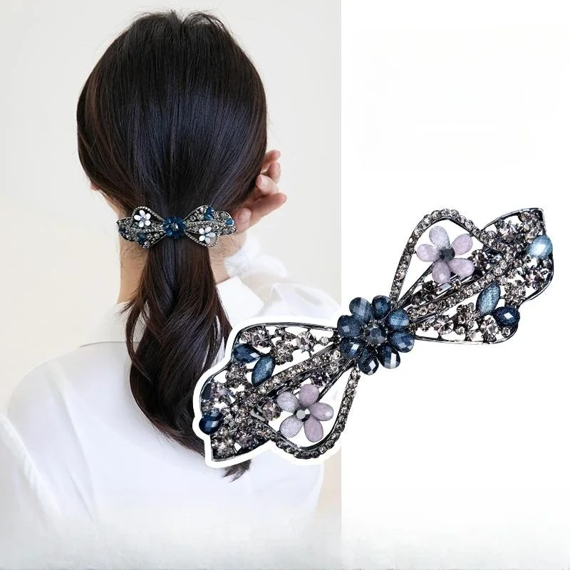 New Korean Edition Jet Blue Crystal Flower Alloy Spring Hairpin Retro Half Tie Hairpin Elegant Mother Fashion Hair Accessories