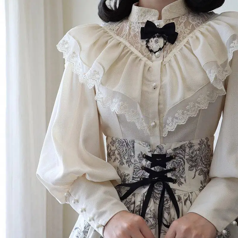 Original Vintage Palace Stand Collar Long Sleeve Women Blouses Perspective Lace Splicing Elegant Lantern Sleeve Shirt Lolita Top