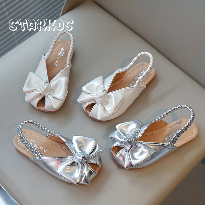 

Pearl White Peep Toe Elastic Band Mule Sandal Kid Girl Elegant Bowknot Design Slingback Shoes Baby Child Slip-on Flat Shoes