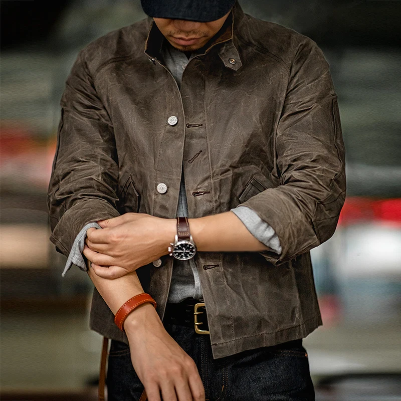 Maden Vintage Stand Collar Oil Waxed Jacket Ⅲ Version for Men's Waterproof Canvas Solid Color Classic Hunting Coat for Autumn