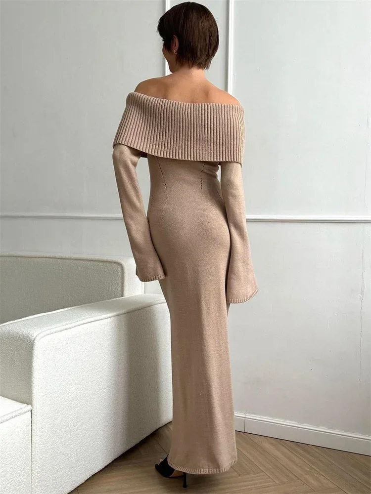 Tossy White Autumn Knit Sweater Long Dress Women Ribbed High Waist Fashion Off-Shoulder Loose Party Dress Female Knitwear Dress