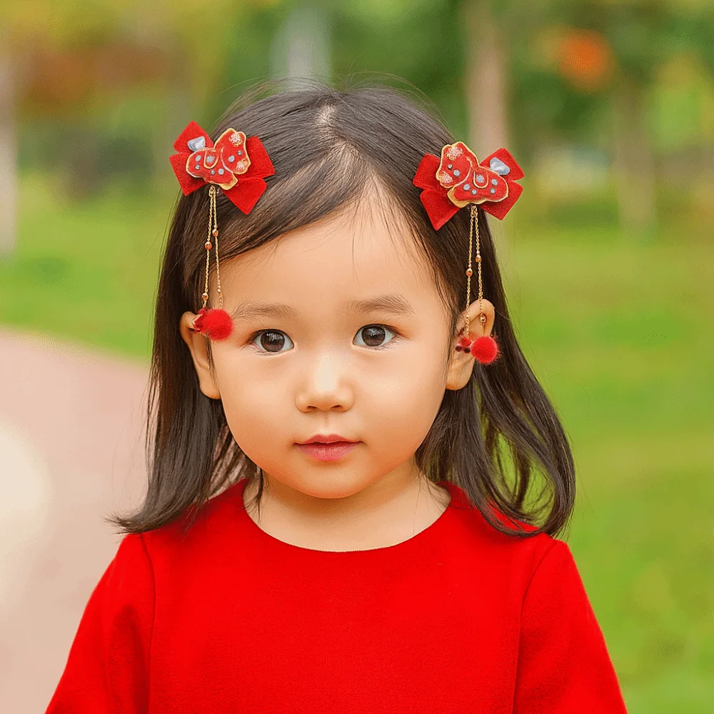 

Cartoon Traditional Chinese Hair Clip Bow Hair Ball Tassel Hairpin Chinese Style Red New Year Hair Accessory Children's Parties