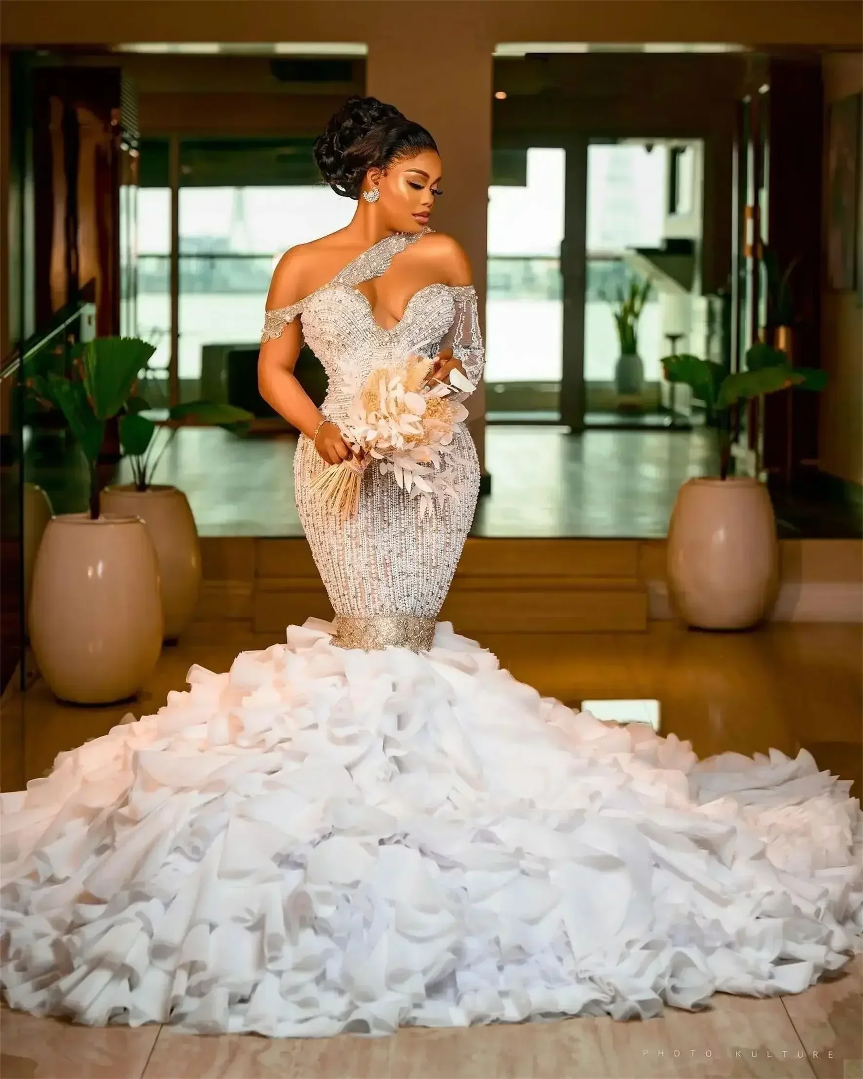 Customized Plus Size Mermaid Wedding Dress Tailored Beads One Shoulder Crystal Wedding Gowns Ruffles Sweep Train Illusion Bridal