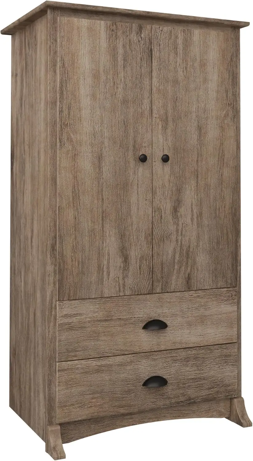 Rustic Wardrobe Closet with Drawers and 2 Doors Farmhouse Armoire Portable Closet Drifted Gray An Arched Base Panel