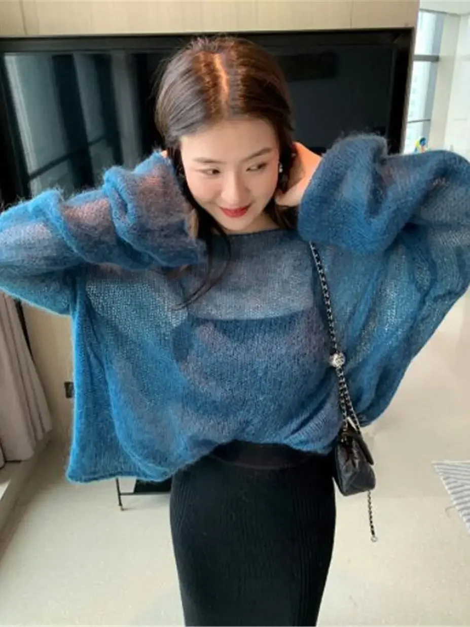 Women Pullover Solid Color Mohair Sweater Loose Oversized Sexy Off Shoulder Hollow Knit See Through Long Sleeve Sweater V767