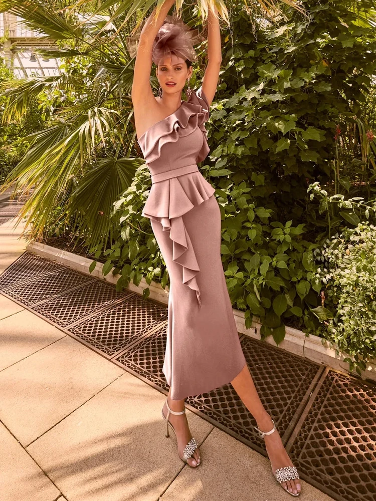 

Mermaid Mother of the Bride Dresses Satin Ruffle One Shoulder Wedding Guest Gowns for Women 2024 Belt Trumpet Formal Party Dress