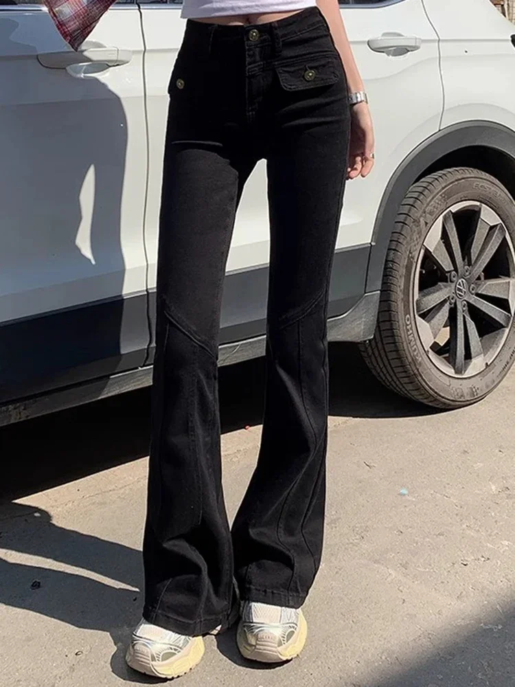 กางเกงยีนส์แฟชั่นทรงขาบานเอวสูงสำหรับผู้หญิง ทรงเข้ารูป ดีไซน์เนอร์ กางเกงเดนิมทรงกระดิ่ง สไตล์เรโทร สีน้ำเงิน ดำ เทา