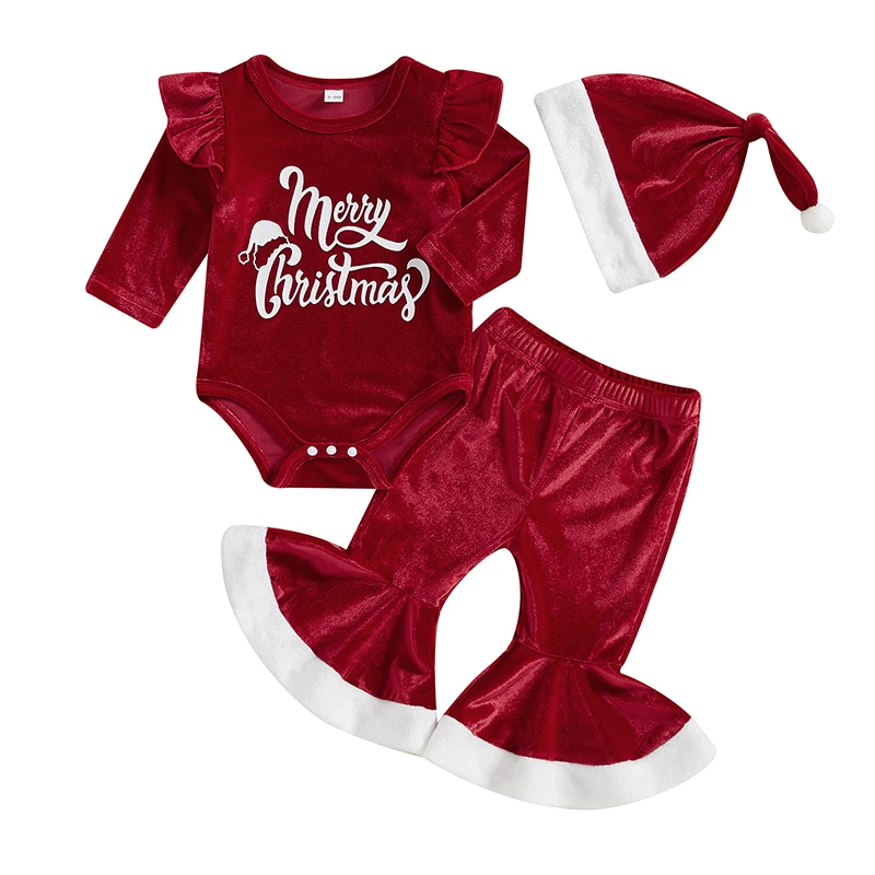 Baby Girl Christmas Outfits Letter Print Long Sleeves Jumpsuit with Flare Pants and Hat 3 Pcs Set