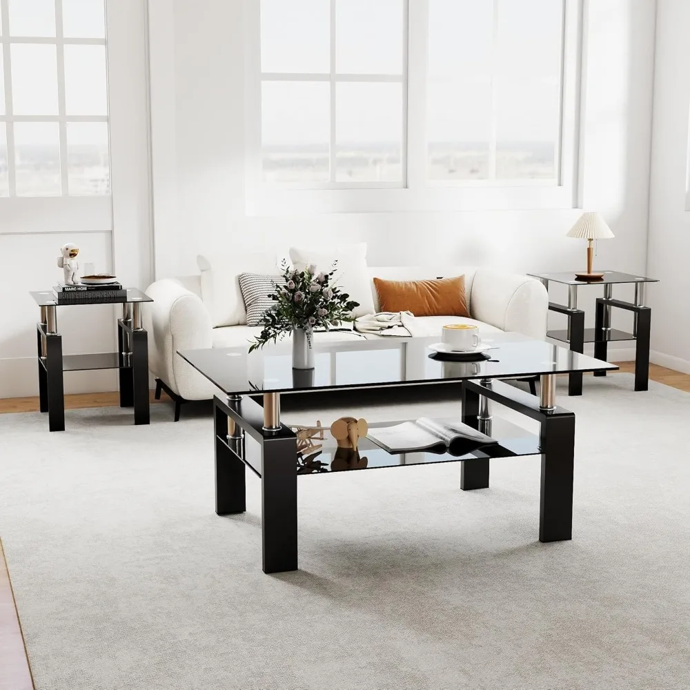 طقم طاولة زجاجية حديثة مكونة من 3 قطع مع إطار معدني أسود وطاولة قهوة من الزجاج المقسى #4