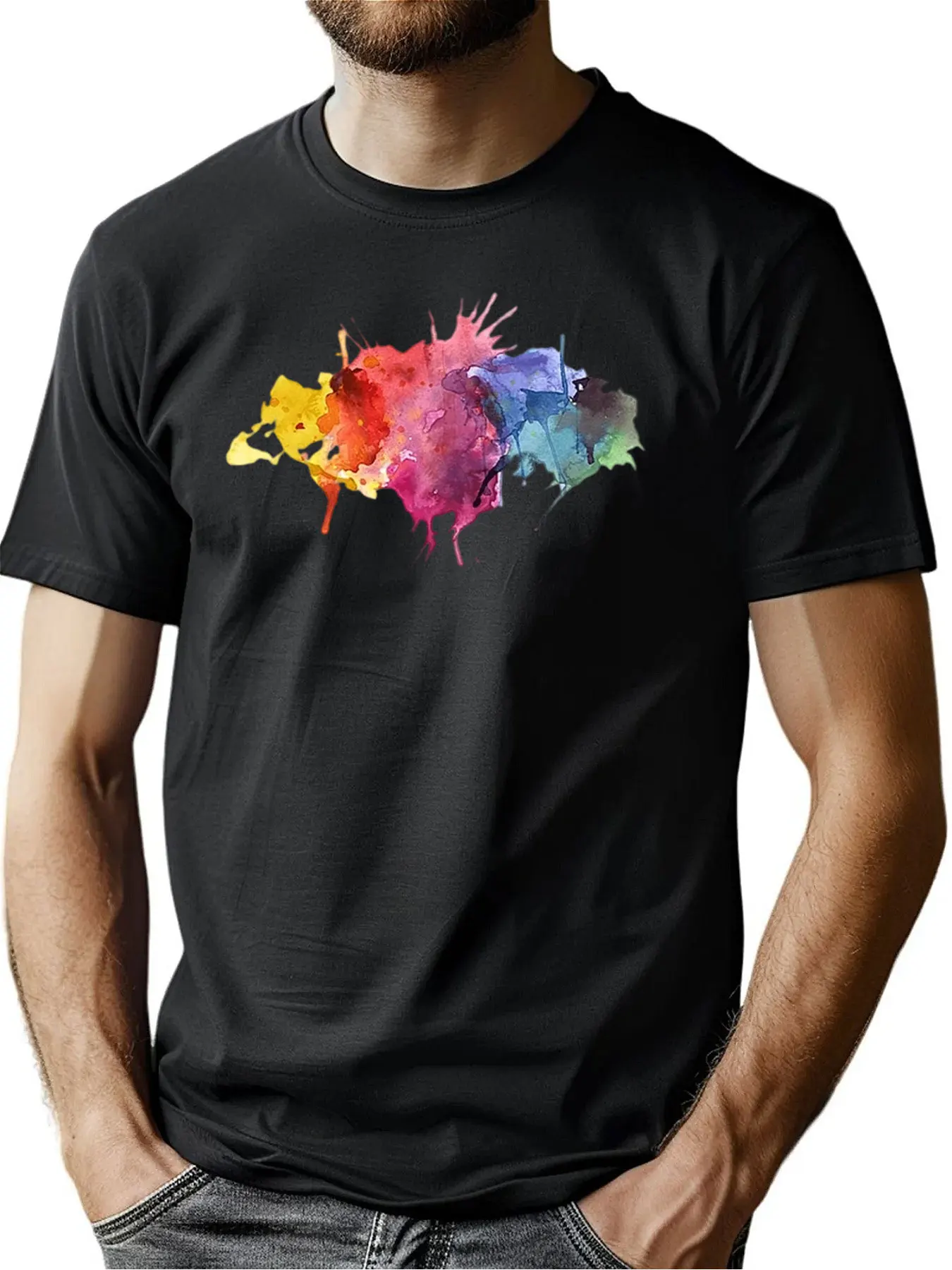 

Men's Premium Cotton Tee With Colorful Watercolor Splatter Print For Casual Wear And Gift Giving