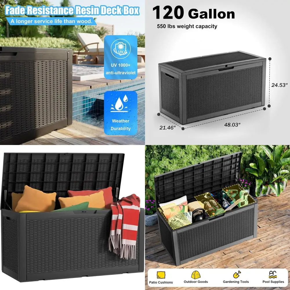 

120 Gallon Lockable Outdoor Storage Box for Patio Furniture, Garden Tools, and Deck Resin Container - Black