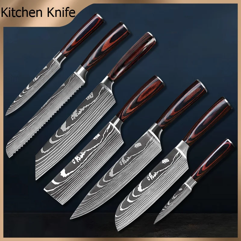 Kitchen Knife 1-10PCS Set Meat Cleaver Chef Knives Stainless Steel Santoku Fruit Vegetable Knife Damascus Pattern Cooking Cutter