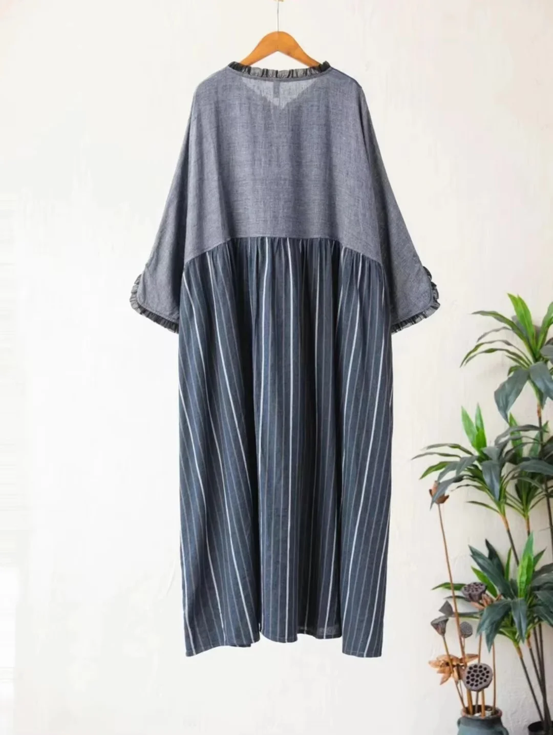 Women's Vintage Grayish Blue Striped Long Robe Dress Ethnic Style Embroidery Cotton Linen Patchwork Loose Fit Casual Dress