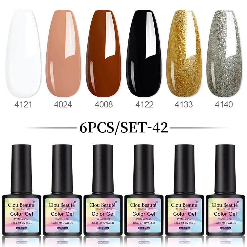 Clou Beaute 6 Bottles MINI Gel Polish Set Nude Varnishes Soak Off Nail Art 8ML UV LED DIY Semi Permanent Glitter Hybrid Manicure