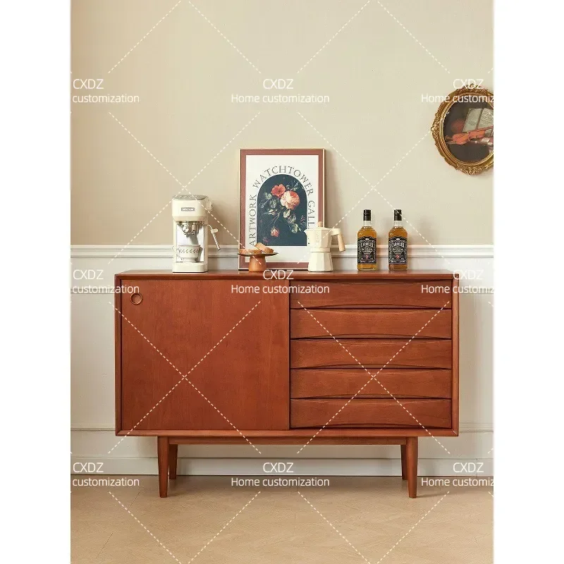 Nordic Retro Cherry Wood Side Cabinet with Sliding Doors Large Capacity Storage Unit Five Drawer Organizer for Living Room
