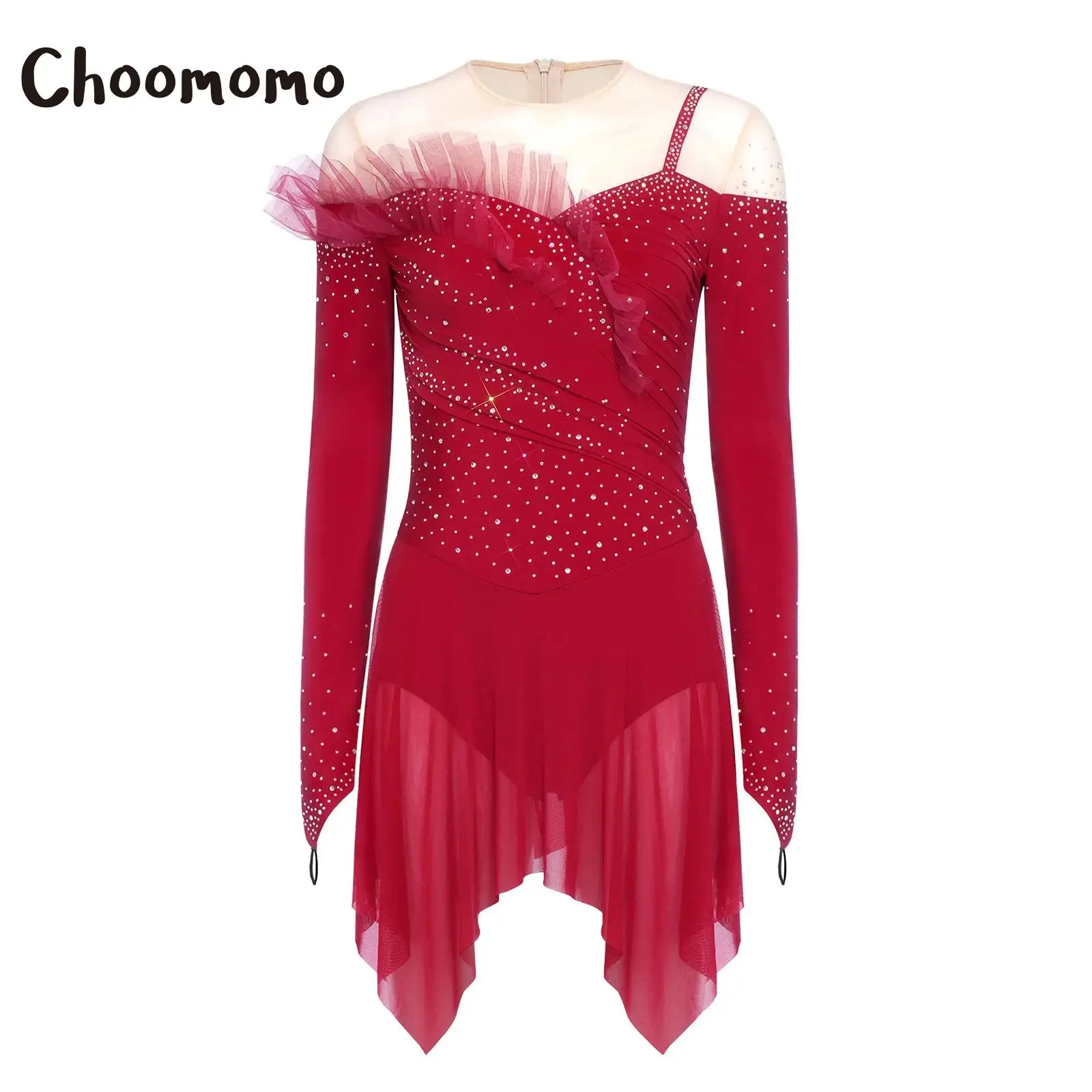 

Women Rhinestones Figure Skating Bodysuit Dress Long Sleeve Ruffled Mesh Tulle Ballet Gymnastics Leotard Tutu Latin Dance Dress
