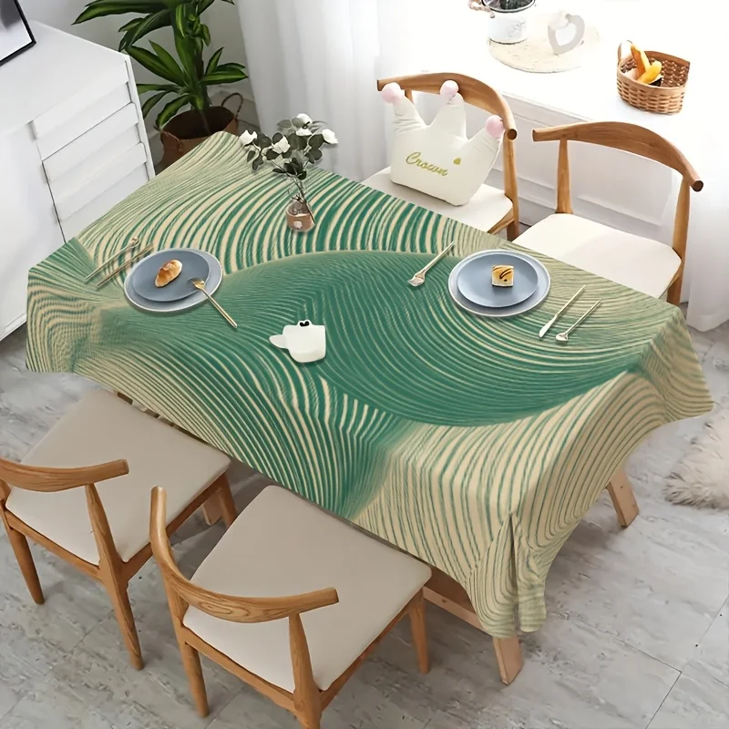 Abstract Wave Table Cloth, Cream Base with Elegant Teal Curved Wavy Line Pattern, Waterproof Table Cover for Indoor Dinner Decor