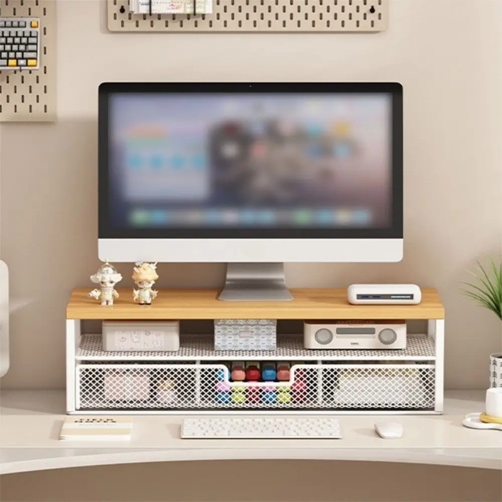 2-Tier Design Computer Monitor Stand With Drawer Metal Mesh Desk Monitor Riser Rust-proof Multi-Purpose Pull Out Storage Drawer