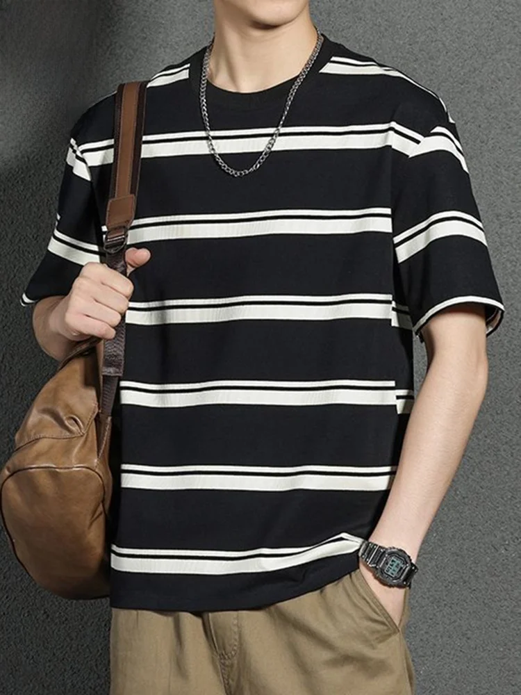 

Stripe ort Sve T-irt Men Summer New Loose Heavyweight round Ne f Sve Top Faionable Casual Cotton Blend