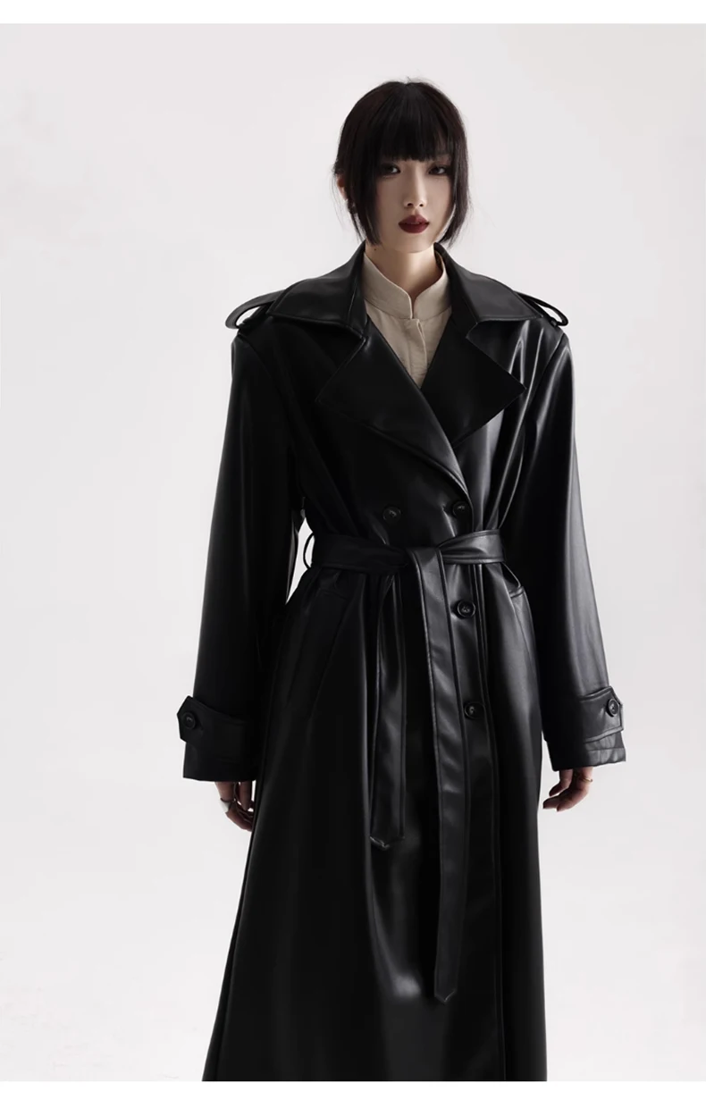 Lautaro Spring Autumn Extra Long Black Soft Pu Leather Trench Coat for Women Double Breasted Loose Casual Korean Fashion 2024