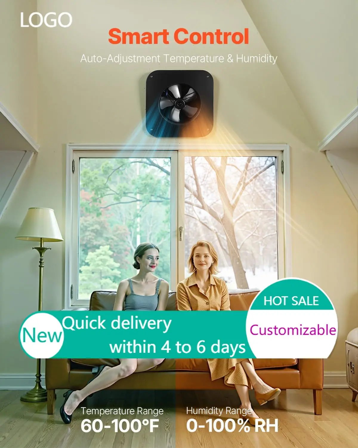 50W Solar Attic Fan, 3000 CFM with Smart Control, Built-in Smoke & Temperature Sensors,  Low-Noise for Roof Ventilation