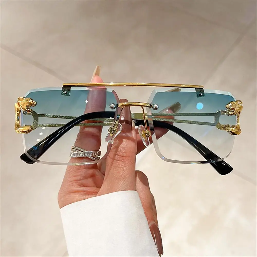 Vintage Double Bridge Rimless Sunglasses Metal UV400 Oversized Square Shades Cheetah Decor Sun Glasses for Women & Men