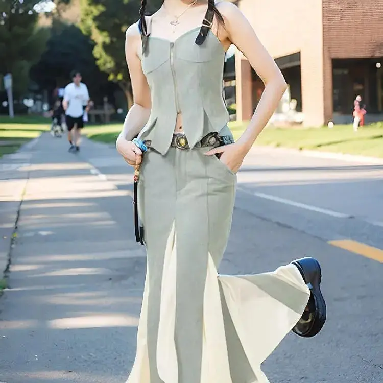 Suit Tube Top Waisted Spliced ​​Fishtail Long Skirt Retro Hong Kong Style Niche Design Sweet And Spicy Summer Style For Women