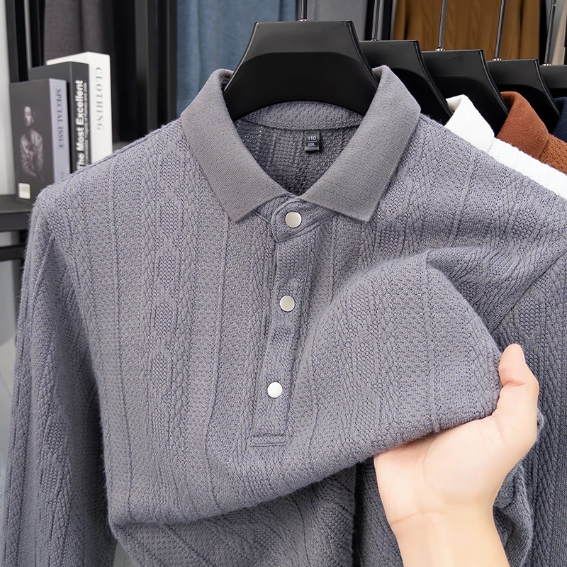 Polo da uomo a maniche lunghe lavorata a maglia jacquard alla moda, comfort di alta qualità, primavera autunno, maglione con risvolto casual in tinta unita