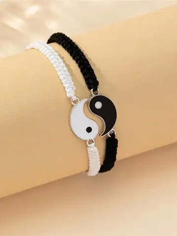 1 set of 2 simple Tai Chi bagua black and white Yin and Yang rope braided telescopic adjustment bracelet for men and women coupl