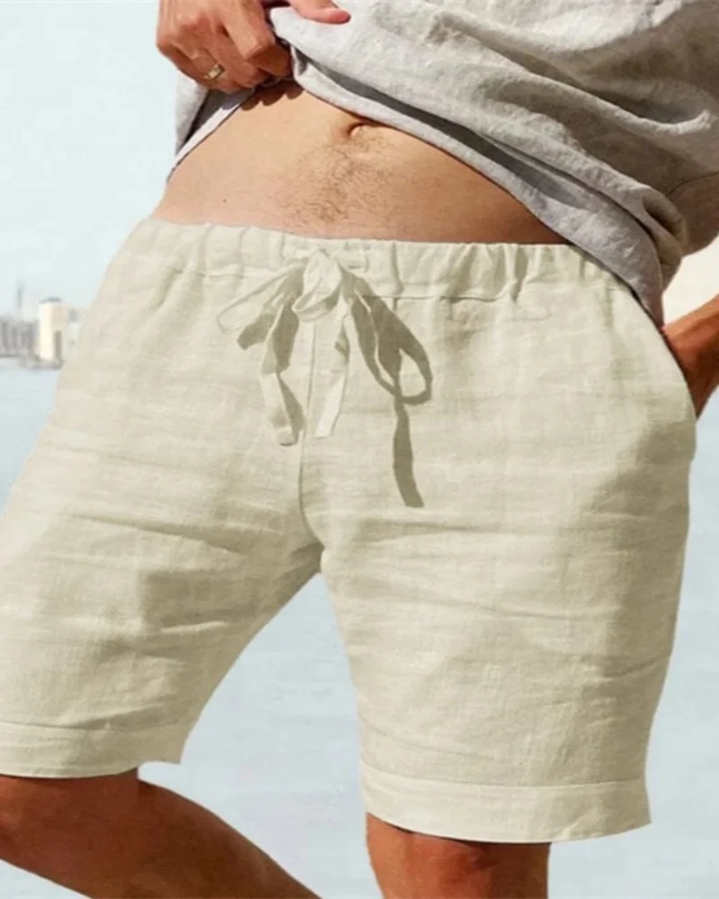 

Мужские новые однотонные хлопково-льняные шорты на шнурке 2026 года, большие размеры, свободные, повседневные, дышащие, легкие и тонкие пляжные брюки