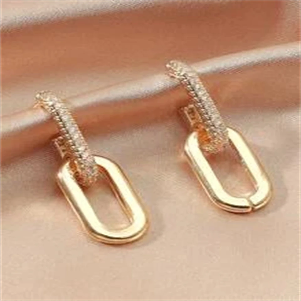 Gold Color Dangle Earrings with Shiny Zircon Decor Elegant Minimalist Double Loop Design Hoop Earrings Jewelry Gift for Women