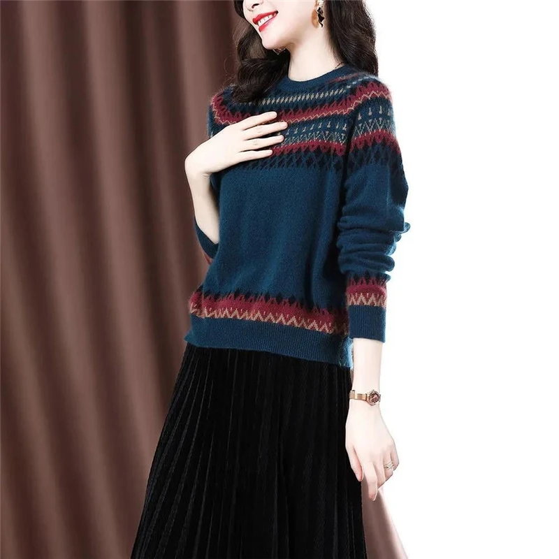 Vintage Korean Simple Printed Knitted Sweater Women Autumn Winter Casual Street O Neck Long Sleeve Pullover Top Female Clothing