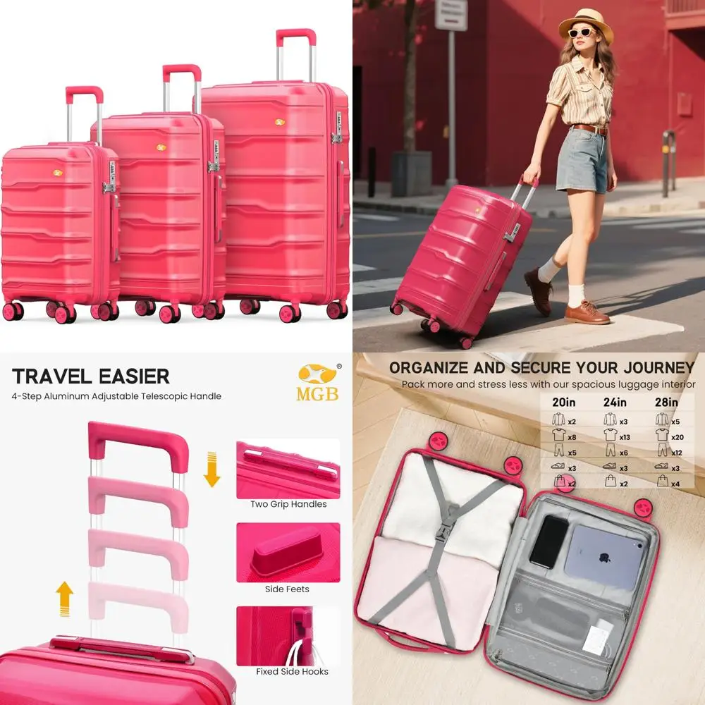

3 piece spinner luggage set with tsa lock, lightweight suitcase for travel, unisex amaranth