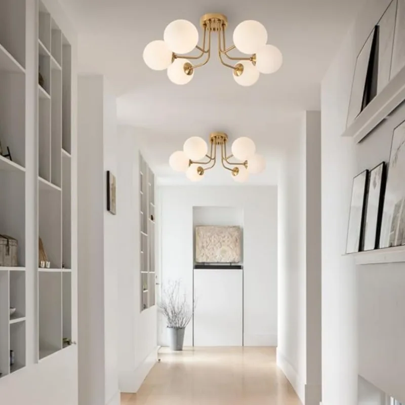 Nordic Bedroom Living Room Ceiling Light Modern Entrance White Glass Ball Light Embedded Aisle Wrought Iron Lamps