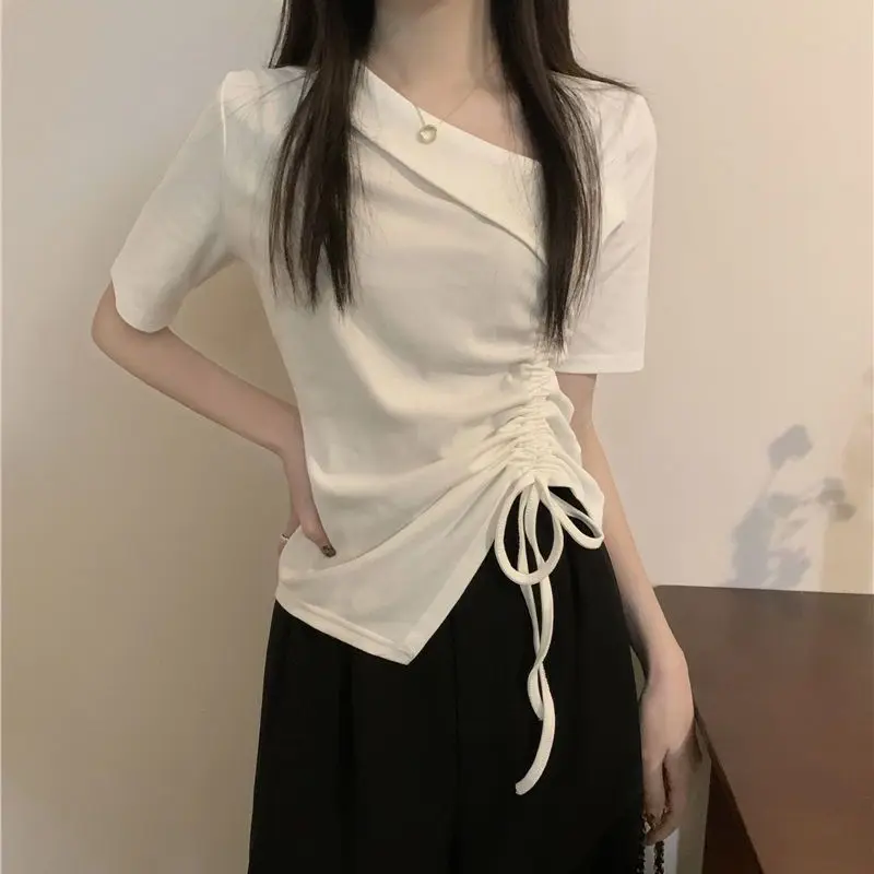 

Summer Women Clothing Solid Slanted Collar Asymmetrical T-Shirts Drawstring Korean Sweet Slim Short Sleeve Fashion Casual Tops