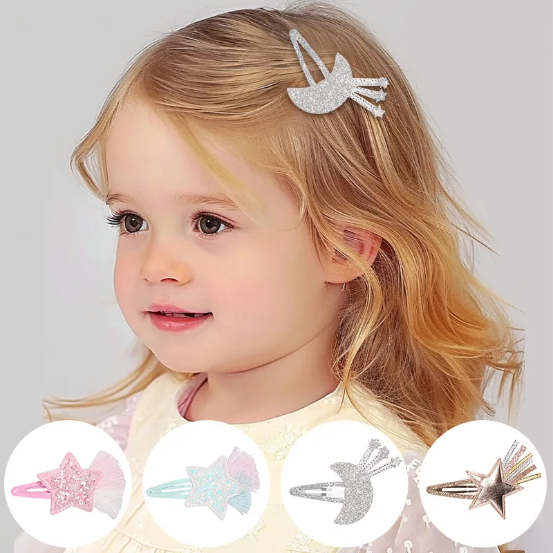 

2pcs Playful Star & Moon BB Hair Clips Girls Shiny Design Trendy Playful Accessory Stylish New Headwear For Kids Daily Outfits