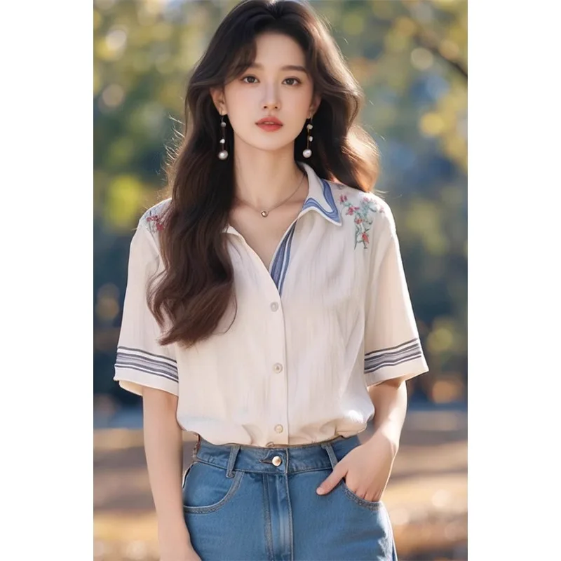 

New White Striped Embroidered Shirt for Women Short Sleeved Summer New Retro Literary Top