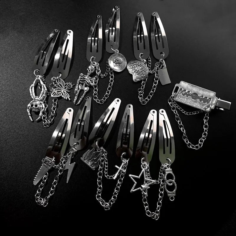 Y2K Gothic Dark Spider Butterfly Pentagram Hair Clip Skull Brain Blade Lightning Handcuffs Chain Headwear Hair Clip BB Clip
