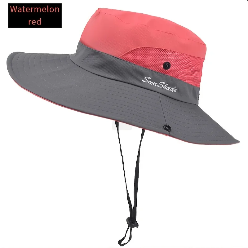 Zweifarbiger Damen-Sonnenhut mit Pferdeschwanzloch – atmungsaktives Mesh, wasserdicht, breite Krempe, für Strand und Angeln für Frühling, Sommer – Detail 5