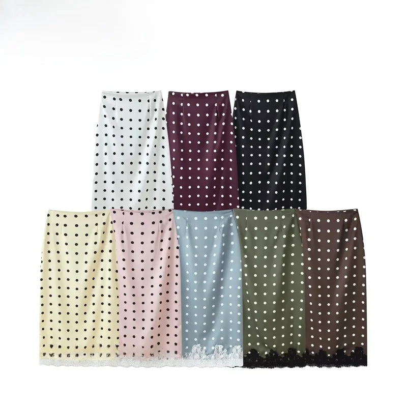 Fashionable Lace Splicing Polka Dot Satin Half Skirt Women's New Style RS Elegant Versatile Midi Skirt Standard Fit Straight Cut