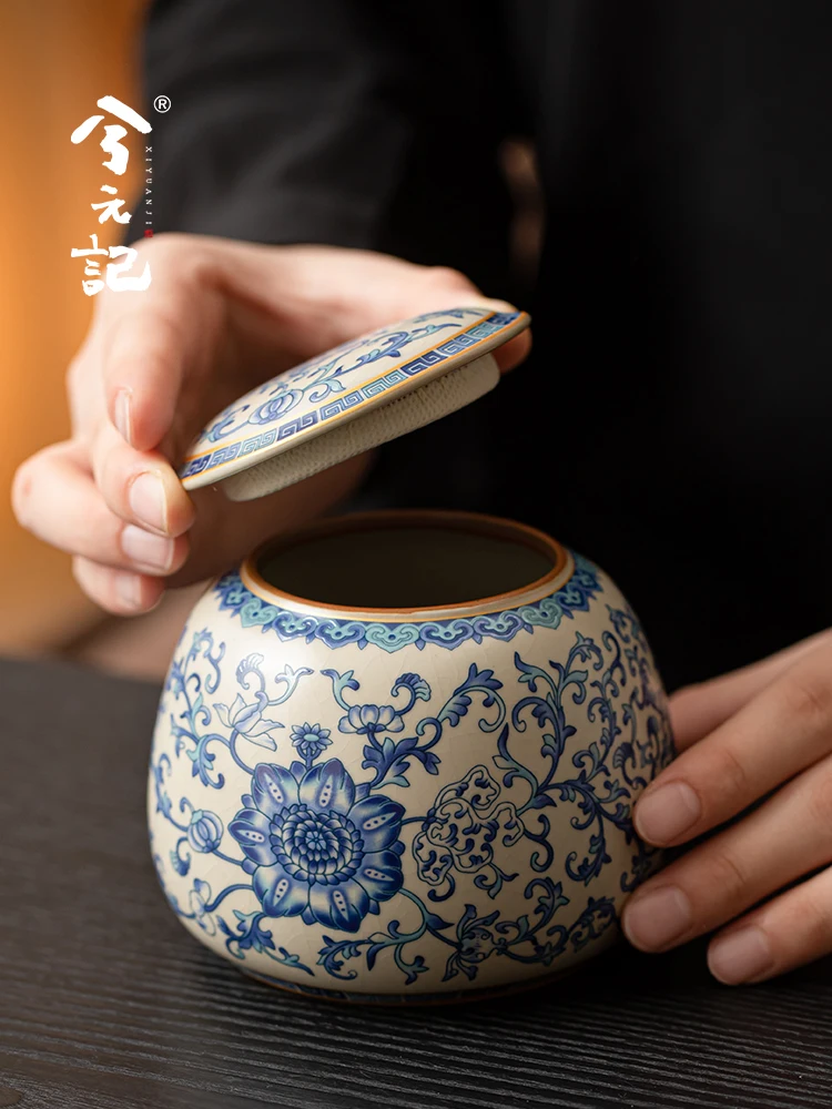 Blue and White Ru Kiln Tea Jar Household Moisture-Proof Dustproof Sealed Storage Ceramic Small Size Portable Caddy