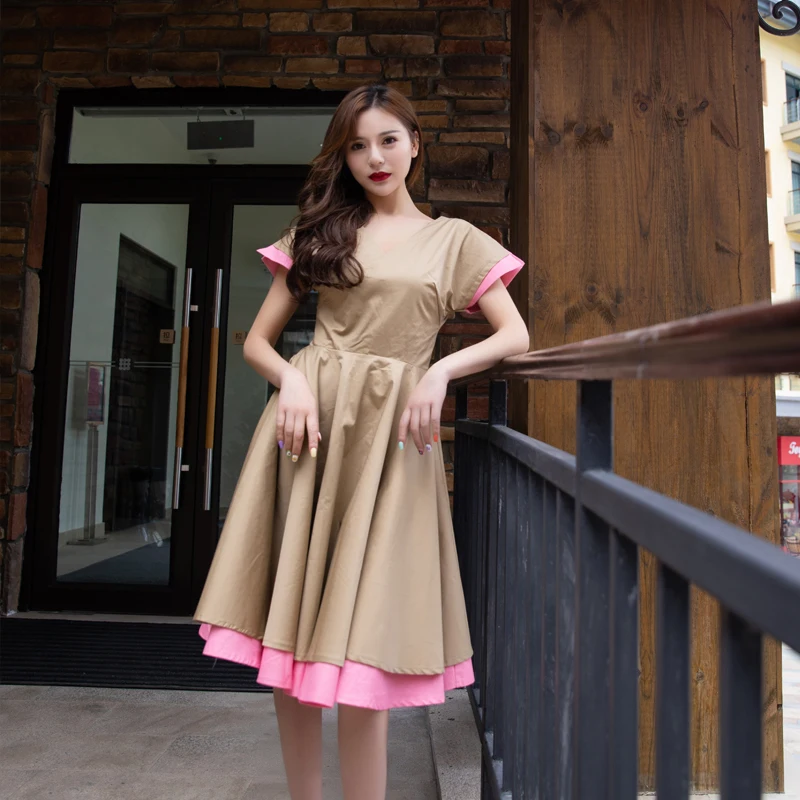 

Limited Edition Ele Retro Classic Color Blo V-ne Waist Cinch Large Puffy Skirt Double Layer Bean een Pink Flounce D...