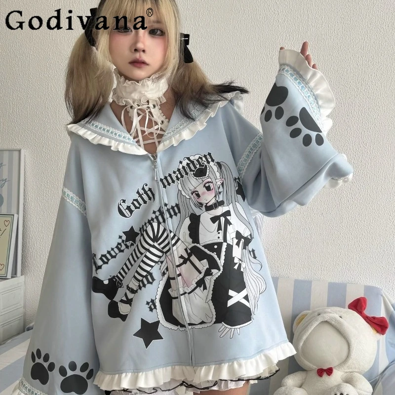 

Original Subculture Y2K Zipper Cardigan Jacket Spring and Autumn New Girl's Sweet Cool Kawaii Anime Print Navy Collar Sweatshirt