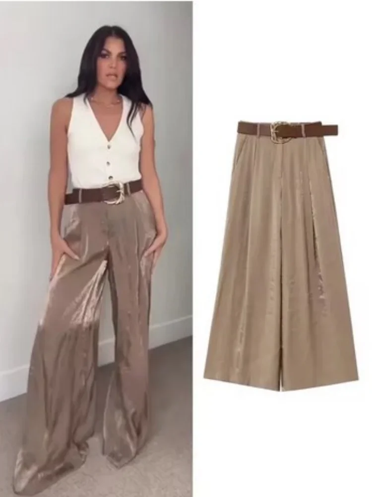 

High Waist Wide Leg Pant Women Satin Full Length Pockets Belt Straight Trousers Female 2025 Spring Summer New Smooth Loose Pants