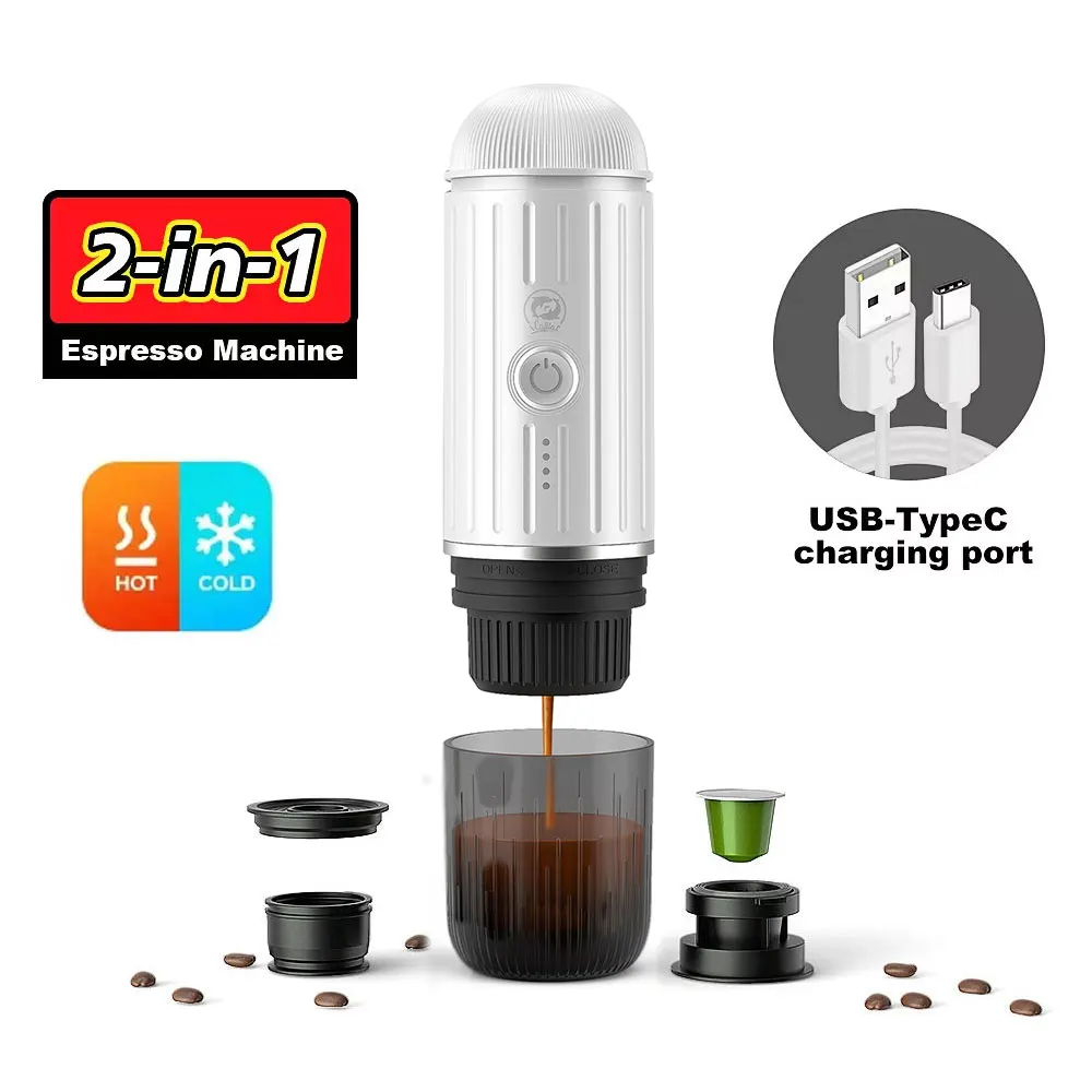 

Travel Coffee Machine Hot/Cold Water Expresso Portable Coffee Maker 2in1 Fit Capsule Ground for Car Office Camping Cafetiere